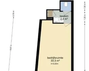 Plattegrond van een kantoorruimte aan de Nieuwezijds Voorburgwal 314 met bedrijfsruimte van 33,3 m² en een kitchenette van 2,4 m².