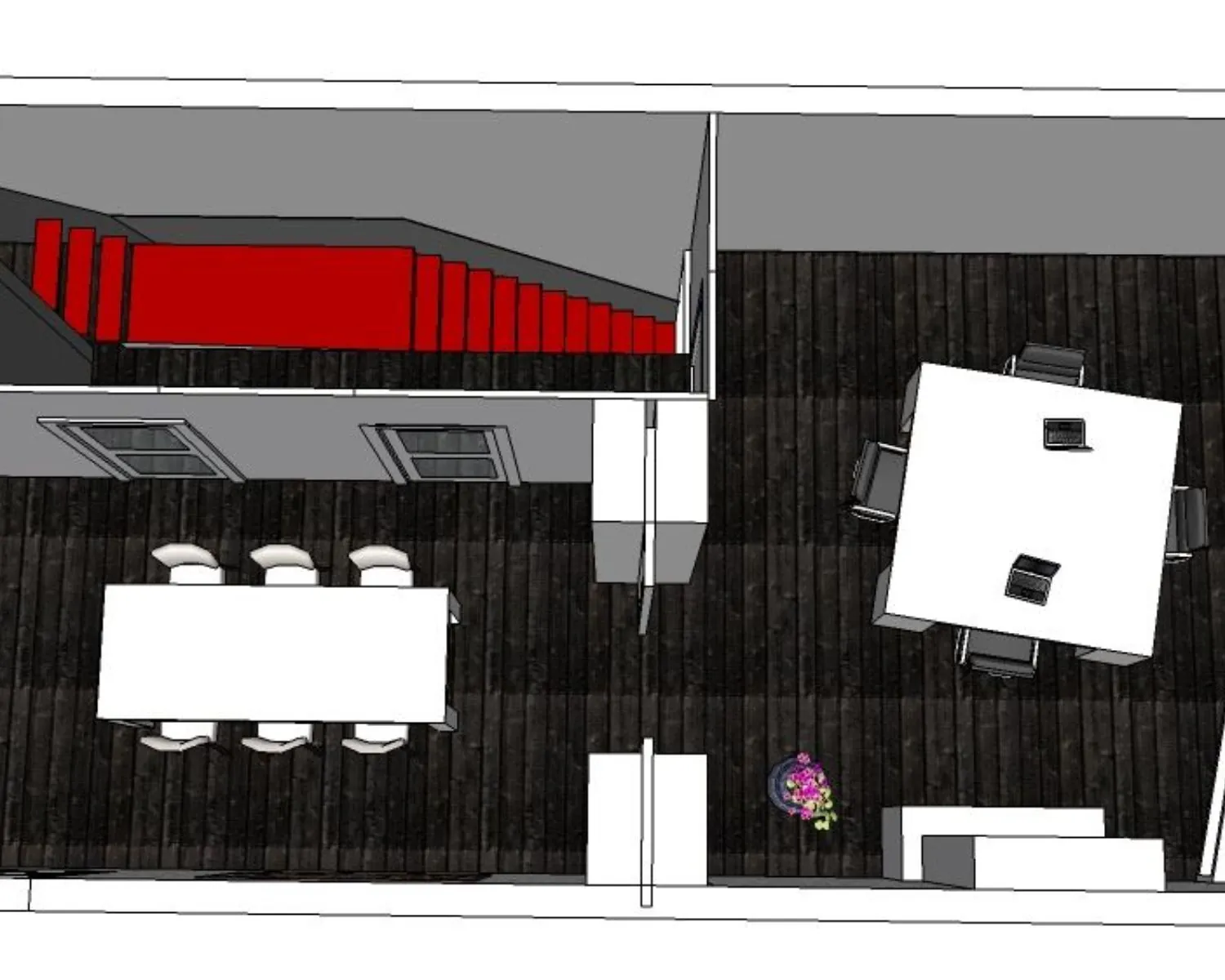 3D-plattegrond van een kantoorruimte aan de Nieuwezijds Voorburgwal 340 in Amsterdam met vergadertafels, bureaus en een rode trap.