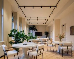 Stijlvolle en lichte kantoorruimte aan de Prinsengracht 769 in Amsterdam met moderne meubels, planten en ronde tafels.