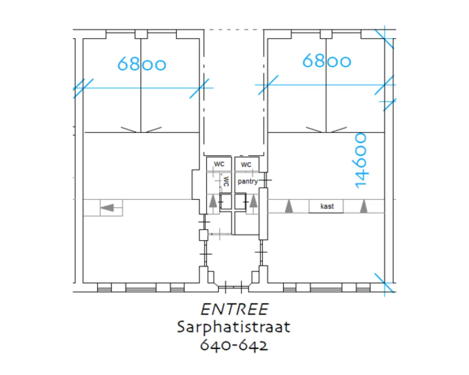 Plattegrond van de kantoorruimte aan Sarphatistraat 640-642 in Amsterdam met indeling van werkruimtes, pantry, toiletten en kasten.
