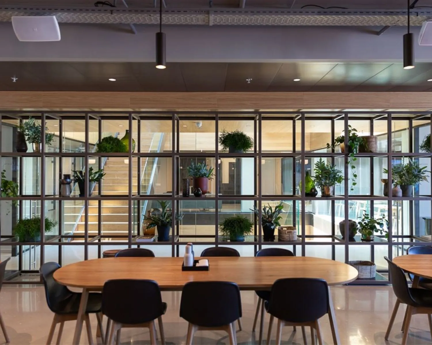 Moderne kantoorruimte aan de Sint Jorissteeg 2 in Amsterdam met houten vergadertafels, zwarte stoelen en een open wandrek met planten.