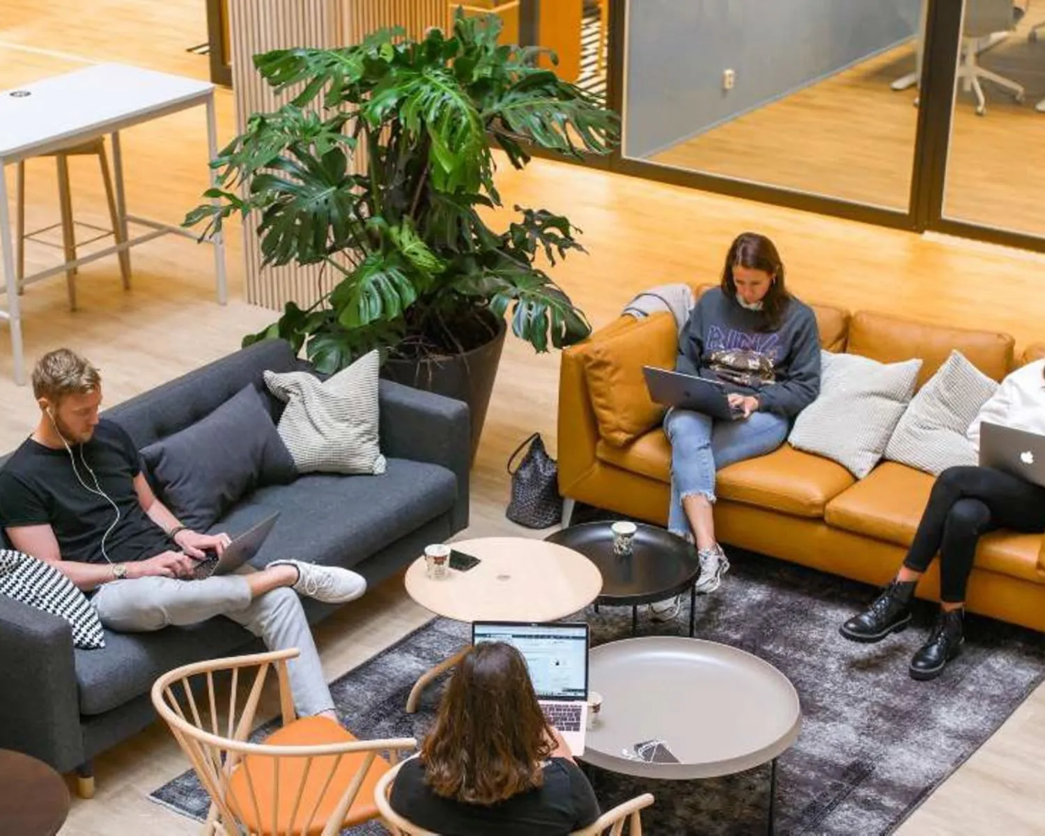 Mensen werken op laptops in een moderne, gemeenschappelijke kantoorruimte bij TNW.