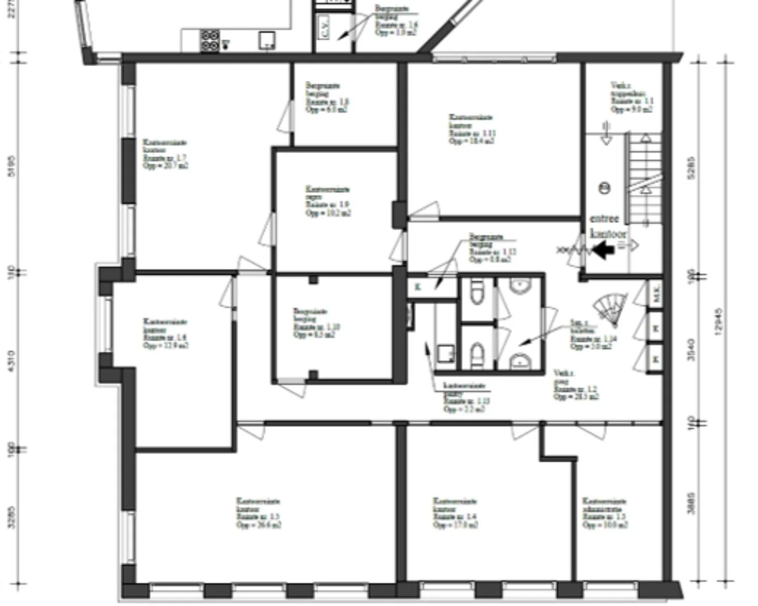 Plattegrond van een kantoorruimte aan de Weteringschans 130 in Amsterdam met diverse kamers en faciliteiten.