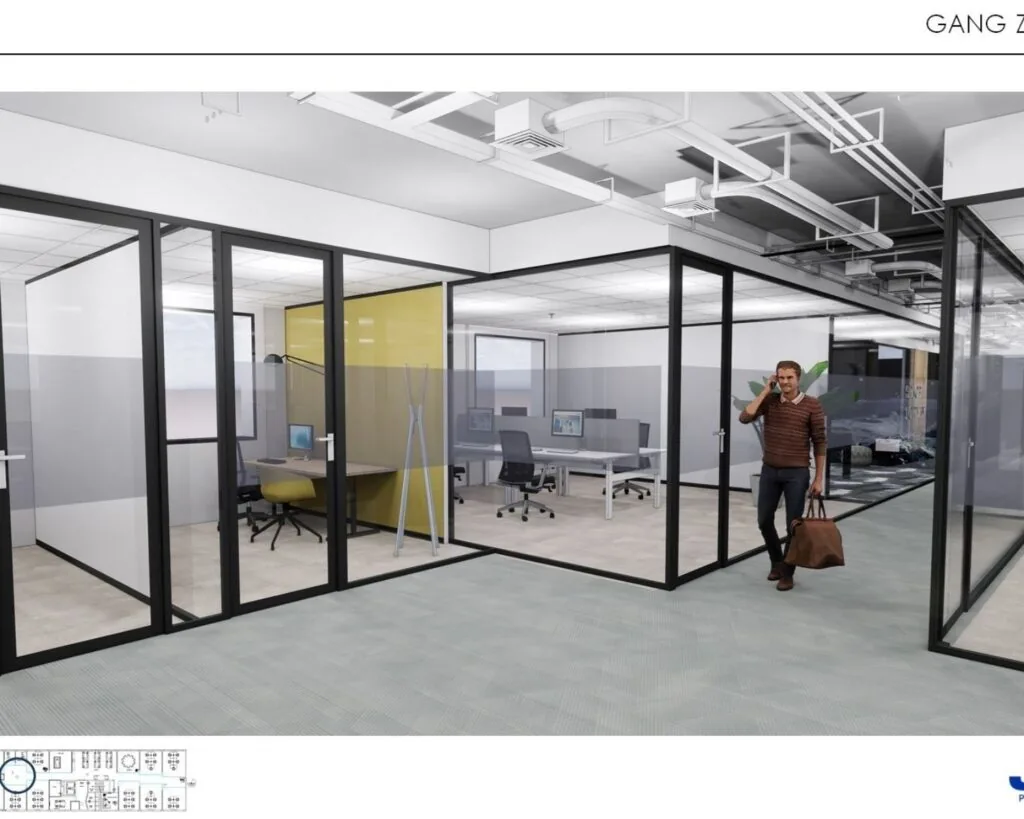 Moderne kantoorruimte aan de Schipholweg met glazen vergaderruimtes en een man die bellend door de gang loopt.