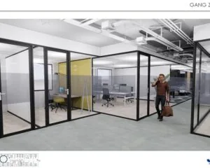 Moderne kantoorruimte aan de Schipholweg met glazen vergaderruimtes en een man die bellend door de gang loopt.