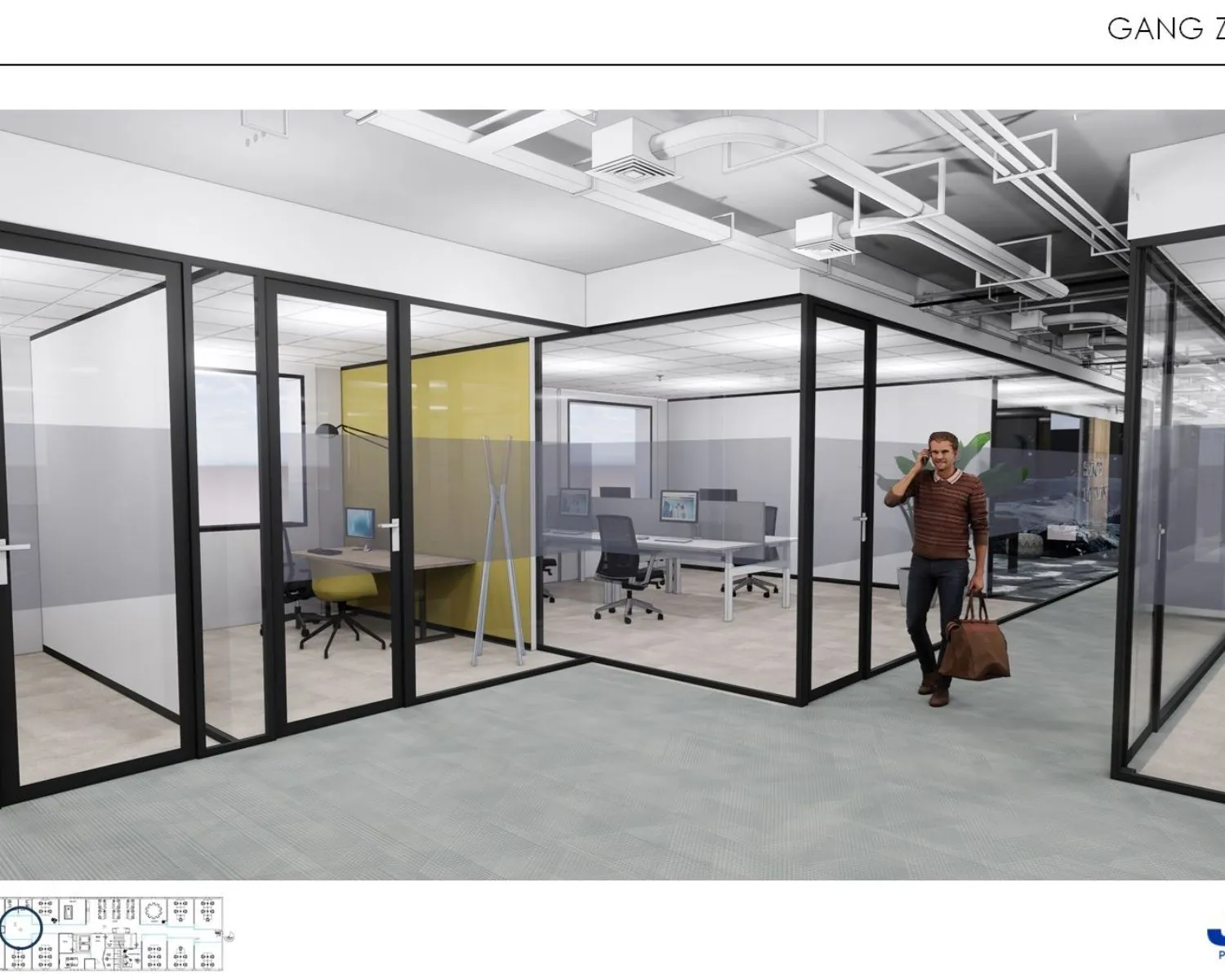 Moderne kantoorruimte aan de Schipholweg met glazen vergaderruimtes en een man die bellend door de gang loopt.