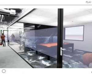 Moderne kantoorruimte aan de Schipholweg met een glazen vergaderruimte en een recreatieruimte met een pooltafel.