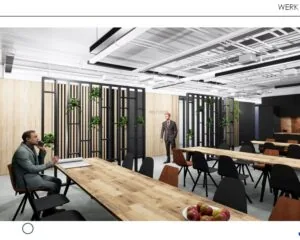 Moderne kantoorruimte aan de Schipholweg 9-11 met lange houten vergadertafels, plantenwanden en twee zakenmensen.