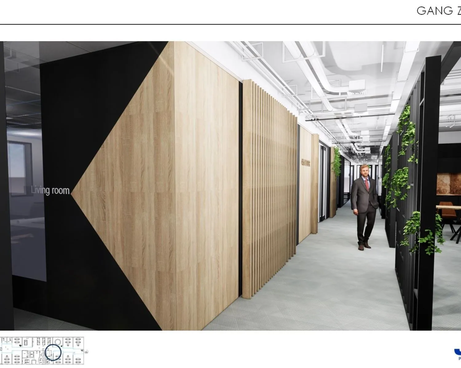 Moderne gang in een kantoorpand aan de Schipholweg met houten wandpanelen, groene accenten en een man in pak.