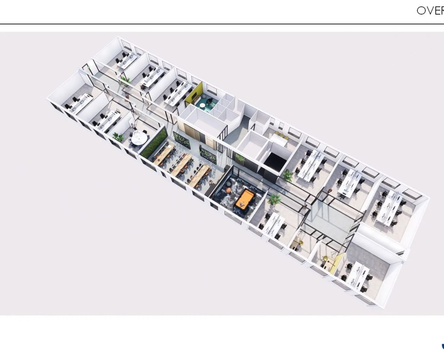 3D plattegrond van een moderne kantoorruimte aan de Schipholweg 9-11 met meerdere werkplekken, vergaderruimtes en gemeenschappelijke zones.