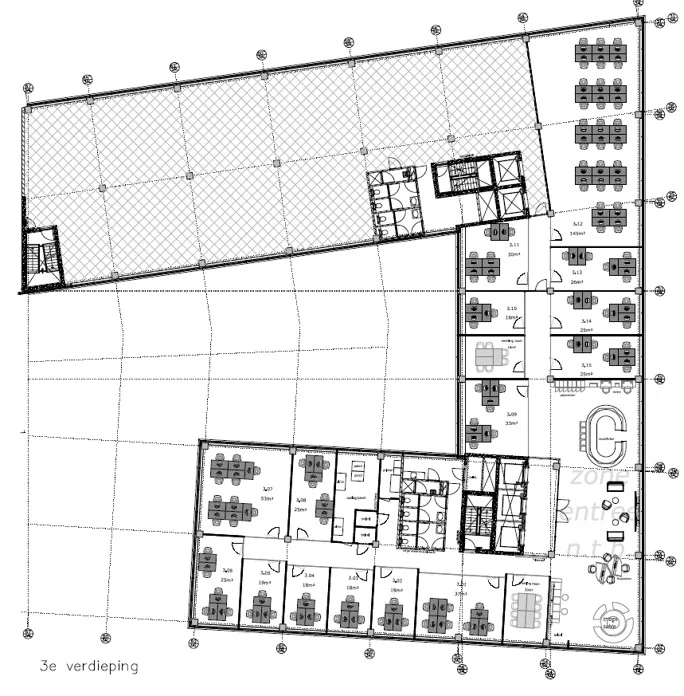 Plattegrond van de derde verdieping van het Foz-gebouw aan de Gustav Mahlerlaan 300-318 in Amsterdam, met ingetekende kantoorruimtes en werkplekken.