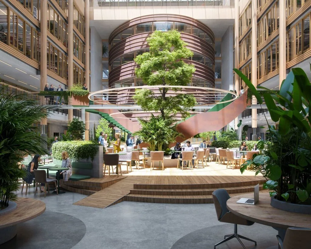 Moderne kantoorruimte aan de Fred. Roeskestraat 100 in Amsterdam met veel groen, natuurlijk licht en open werkplekken.