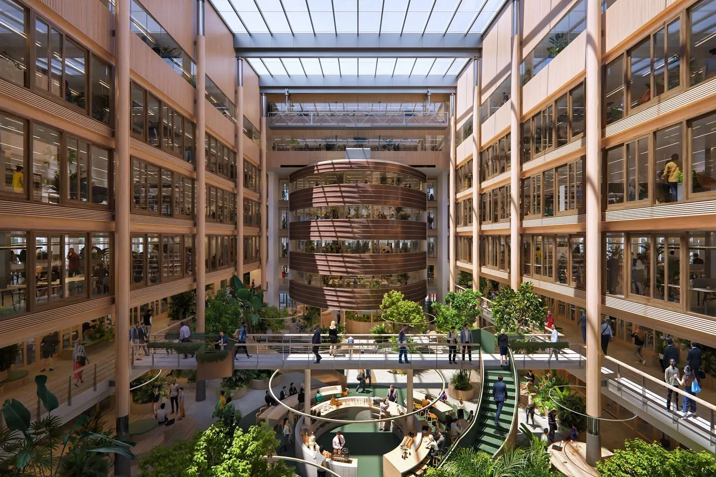 Moderne kantoorruimte met veel glas, hout en groen aan de Fred. Roeskestraat 100 in Amsterdam.