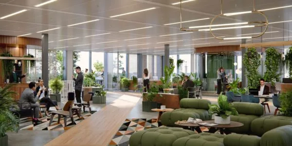 Moderne en groene kantoorruimte met lounges en werkplekken aan de Fred. Roeskestraat 100 in Amsterdam.