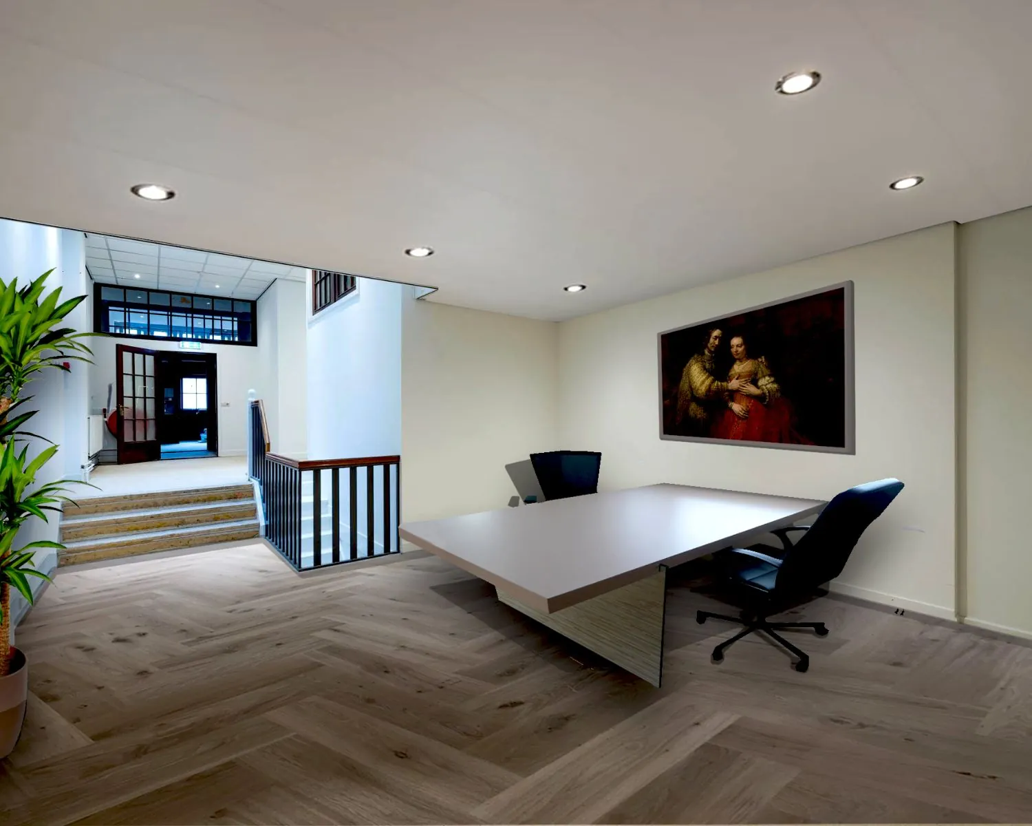 Moderne kantoorruimte aan de Herengracht in Amsterdam met houten visgraatvloer, vergadertafel, schilderij aan de muur en zicht op de entreehal.