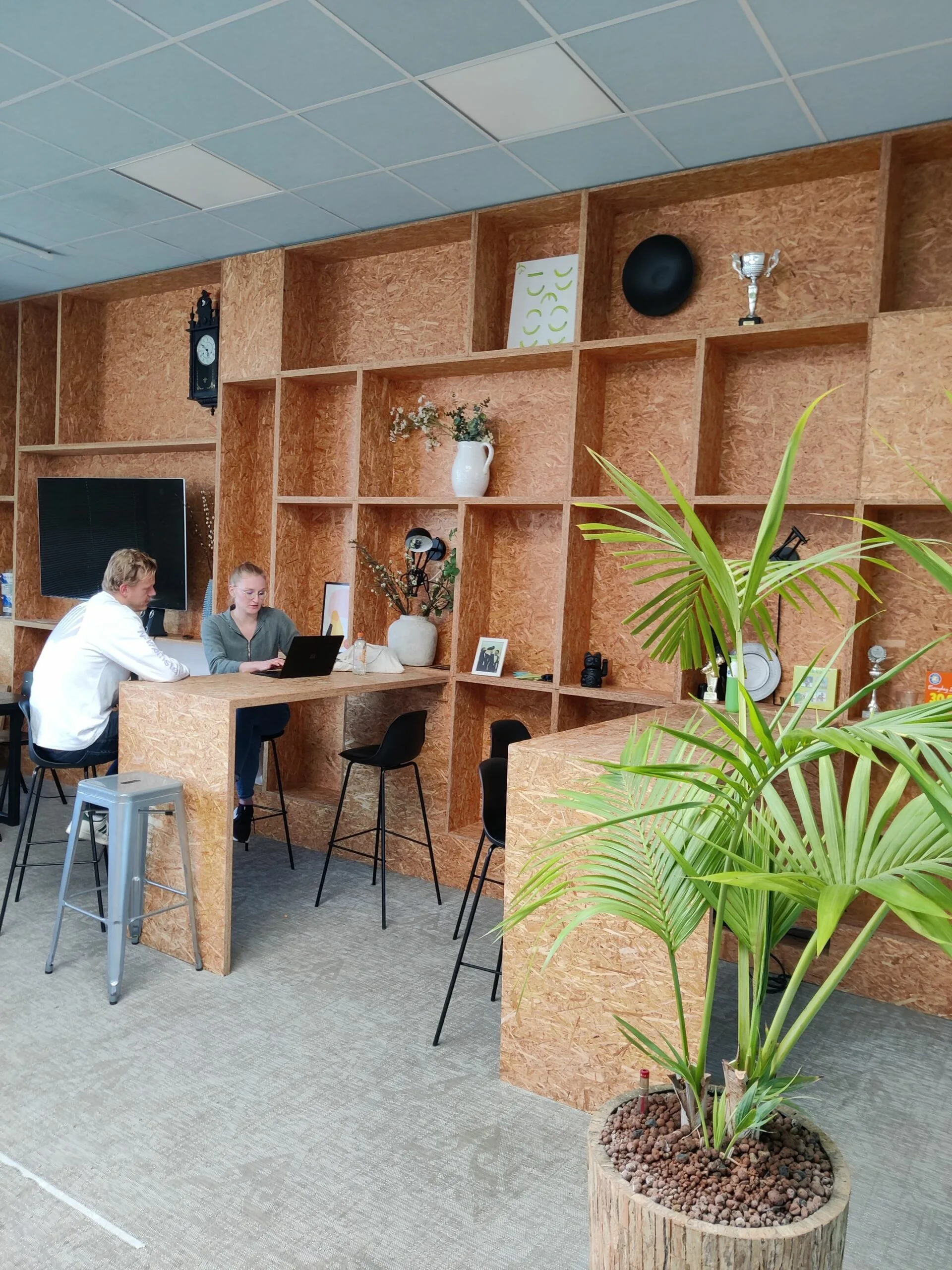 Moderne kantoorruimte aan het Singel in Amsterdam met houten werkplekken, planten en open wandrekken.