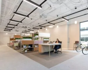 Moderne kantoorruimte te huur aan de Haarlemmerweg 331 in Amsterdam met open werkplekken, planten en een vrouw aan het werk.