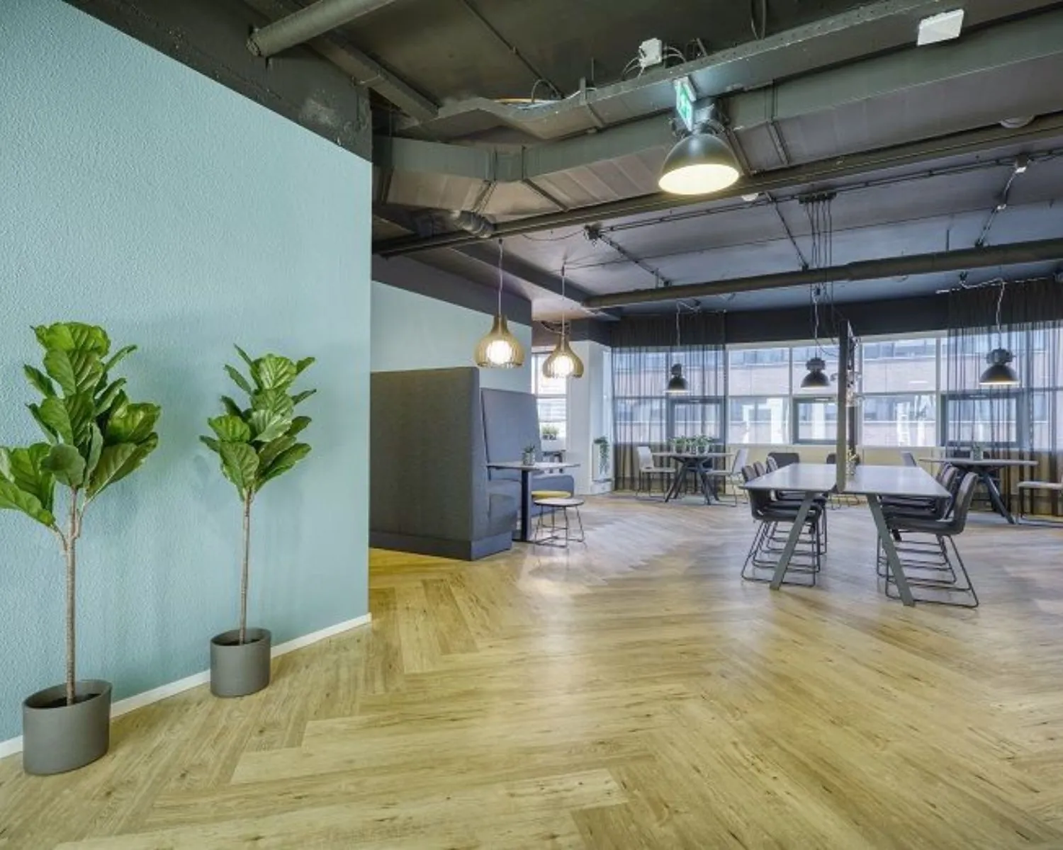 Moderne kantoorruimte in Delft met houten vloer, vergadertafels, groene planten en industriële plafondafwerking.