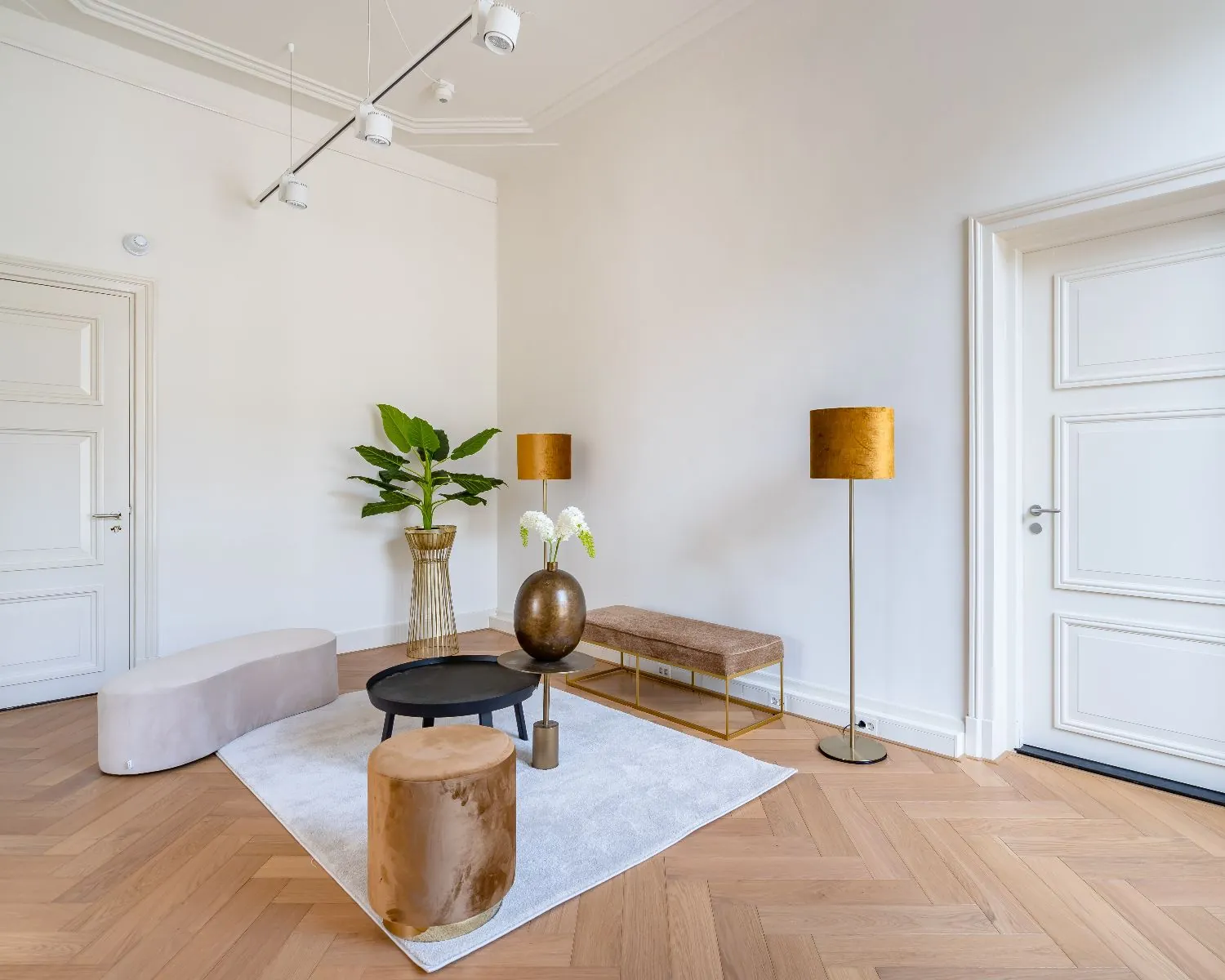 Stijlvol ingerichte wachtruimte in een kantoor aan de Alexanderstraat in Den Haag met moderne meubels en houten visgraatvloer.