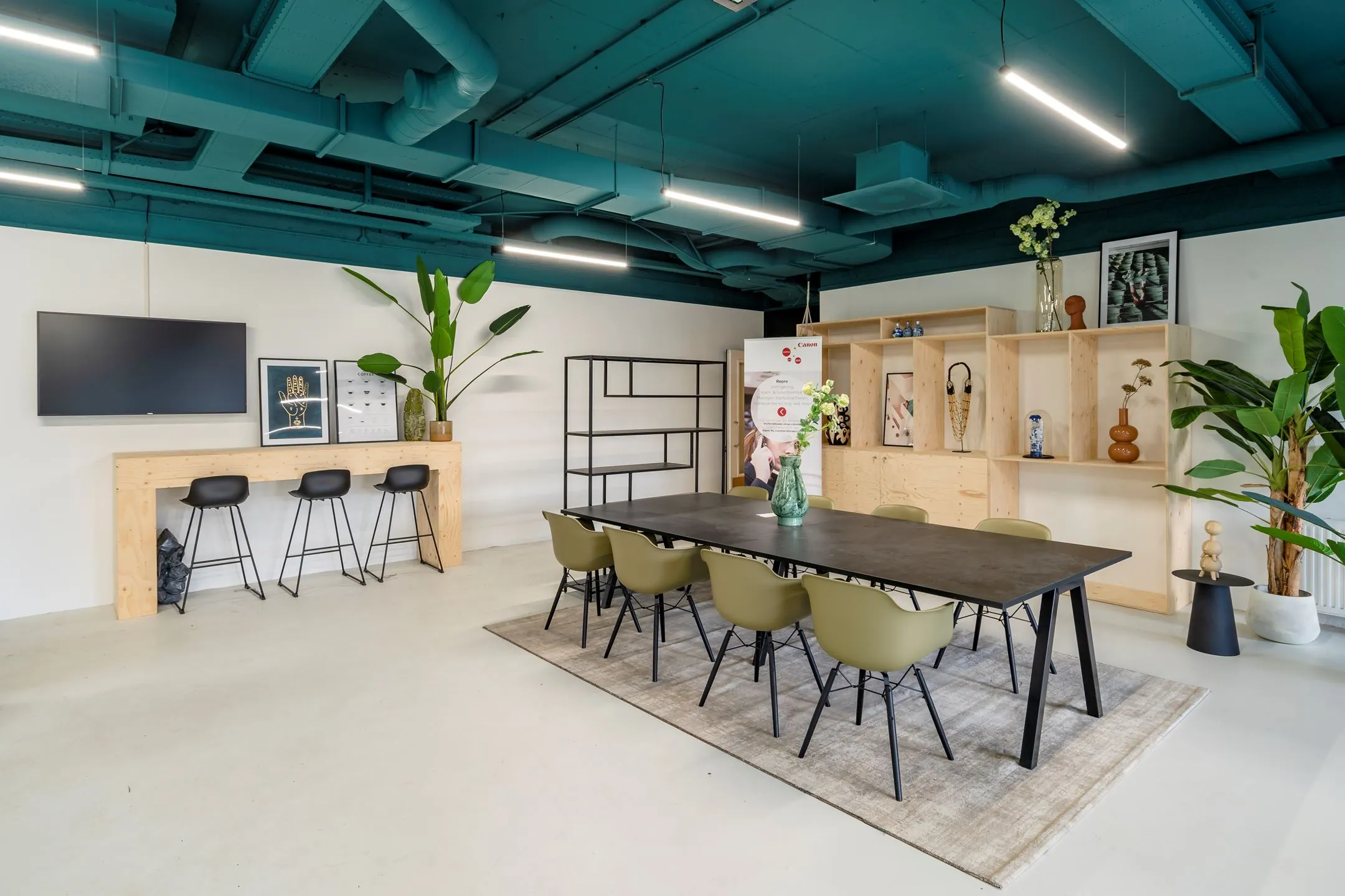 Moderne kantoorruimte in Deventer met vergadertafel, planten, kunstobjecten en een stijlvolle inrichting aan de Staverenstraat 15-17.