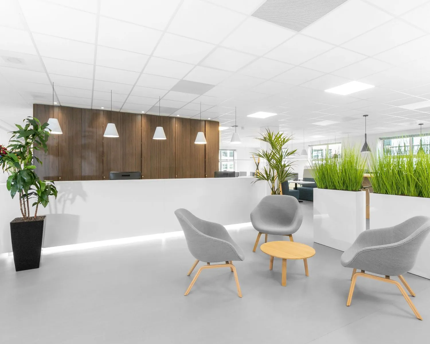 Moderne en lichte kantoorruimte in Hilversum met zithoek, receptiebalie en veel groen.