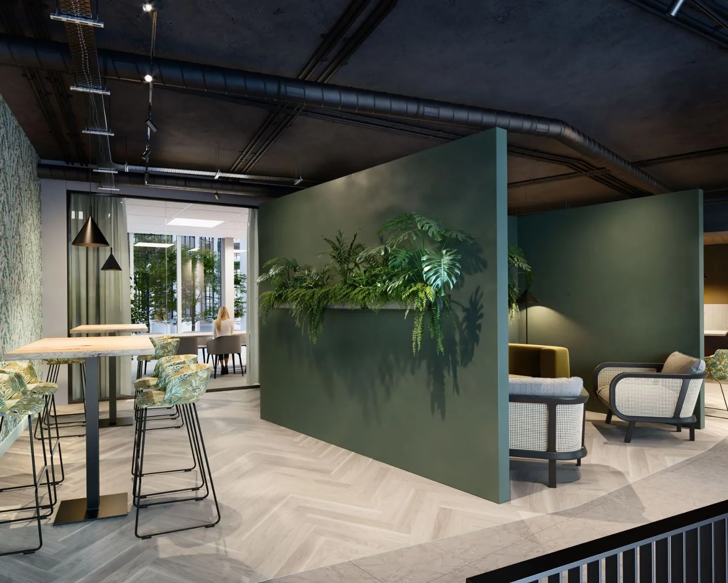 Moderne kantoorruimte in Leeuwarden met groene wanden, stijlvolle zitjes en plantenaccenten.