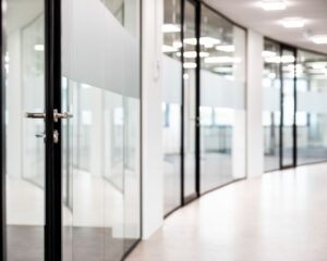 Moderne kantoorruimte met glazen wanden en deuren aan de Lange Marktstraat 1-8 in Leeuwarden.