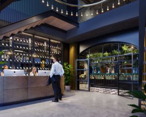 Moderne kantoorruimte met receptiebalie en aangrenzende bar in Leeuwarden aan de Lange Marktstraat 1-9.
