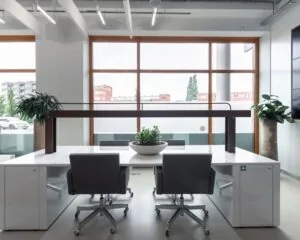Moderne kantoorruimte met vier bureaustoelen, witte bureaus, veel daglicht en groene planten aan het Piet Mondriaanplein 13.