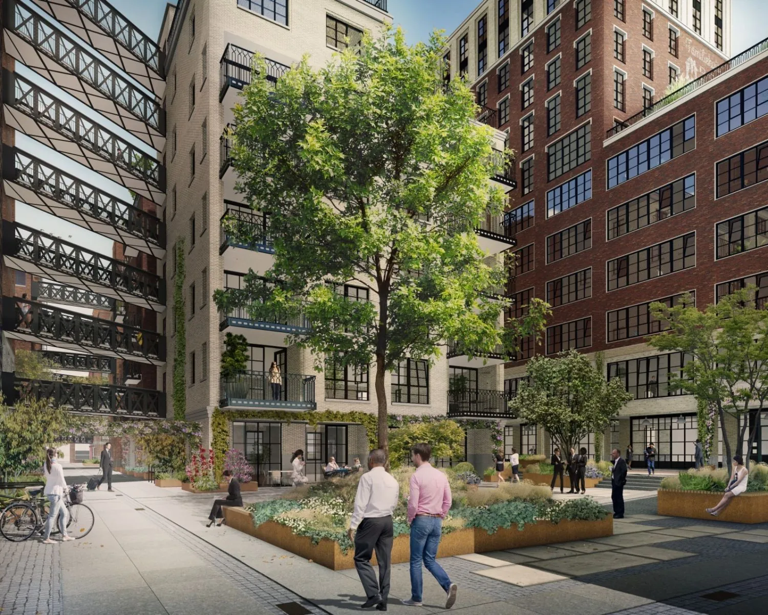 Binnenplaats van een modern kantoorgebouw aan de Karl Weisbardstraat in Rotterdam met groene beplanting en mensen in gesprek.