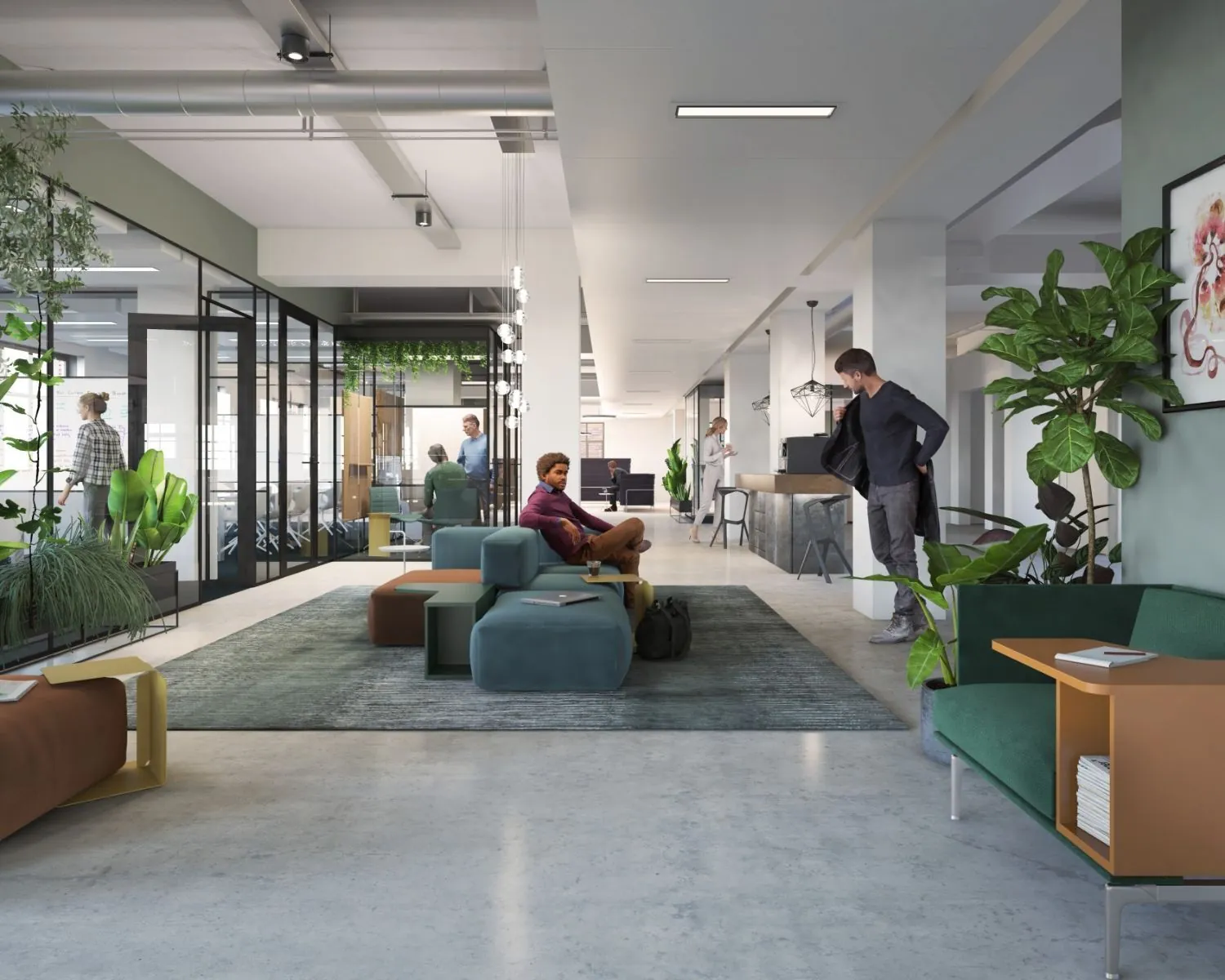 Moderne kantoorruimte aan de Karl Weisbardstraat in Rotterdam met loungegedeelte, glazen vergaderruimtes en veel groen.