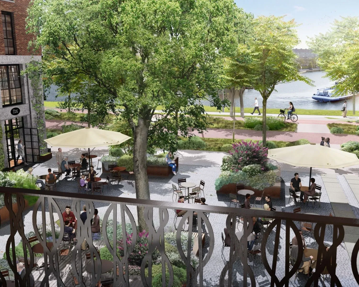 Terras met zitplekken en parasols aan de Karl Weisbardstraat in Rotterdam, met uitzicht op het water.