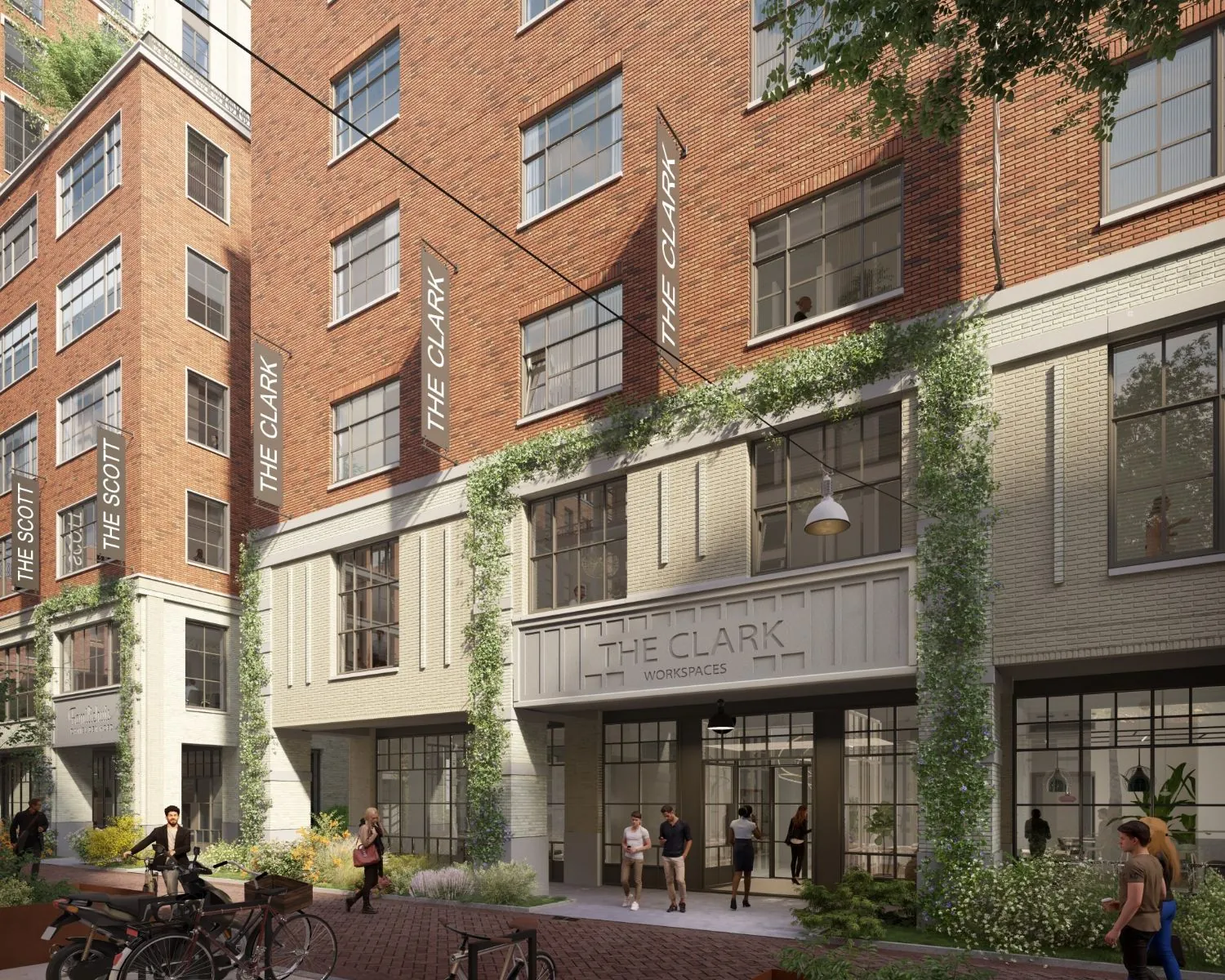 Voorgevel van het kantoorgebouw "The Clark Workspaces" aan de Karl Weisbardstraat in Rotterdam, met bakstenen gevel en klimplanten.