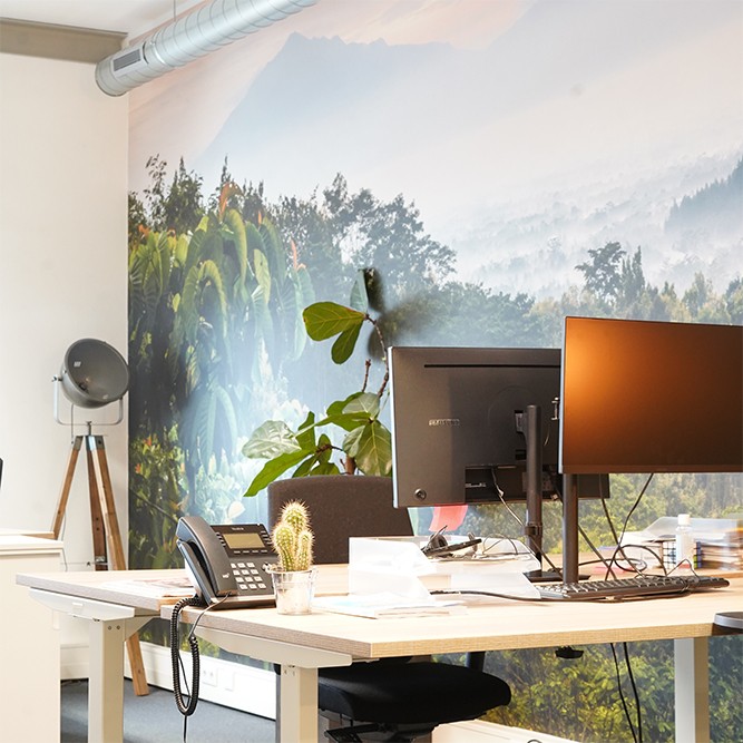 Moderne kantoorruimte met een bureaublad, twee computerschermen, telefoon en planten, met een natuurmuur op de achtergrond.