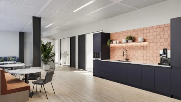 Moderne kantoorruimte aan het Burgerweeshuispad 301 in Amsterdam met open keuken, zitgedeelte en strakke inrichting.