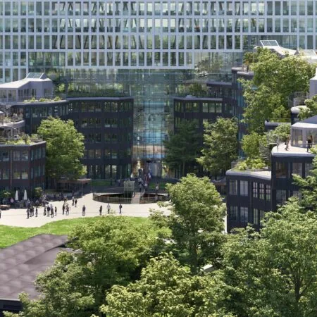 Moderne kantoorruimte aan het Burgerweeshuispad 301 in Amsterdam, omringd door groen en voorzien van een centrale glazen entree.