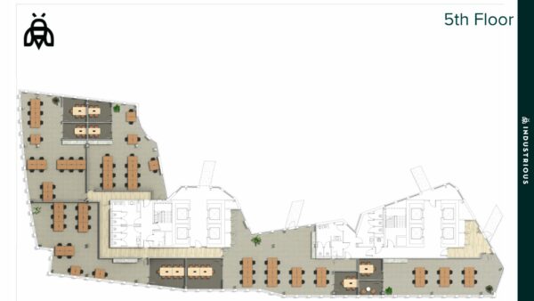 Plattegrond van de vijfde verdieping van kantoorruimte aan het Burgerweeshuispad 301 in Amsterdam, met diverse werkplekken en vergaderruimtes.