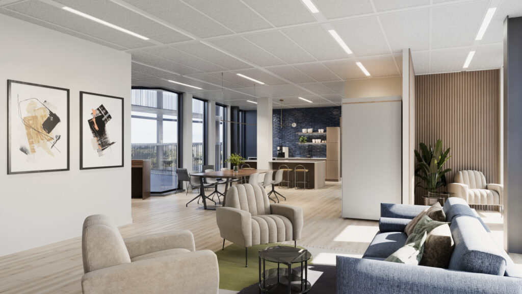 Moderne, lichte kantoorruimte aan het Burgerweeshuispad 301 in Amsterdam met zithoeken, vergadertafel en open keuken.