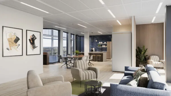 Moderne, lichte kantoorruimte aan het Burgerweeshuispad 301 in Amsterdam met zithoeken, vergadertafel en open keuken.