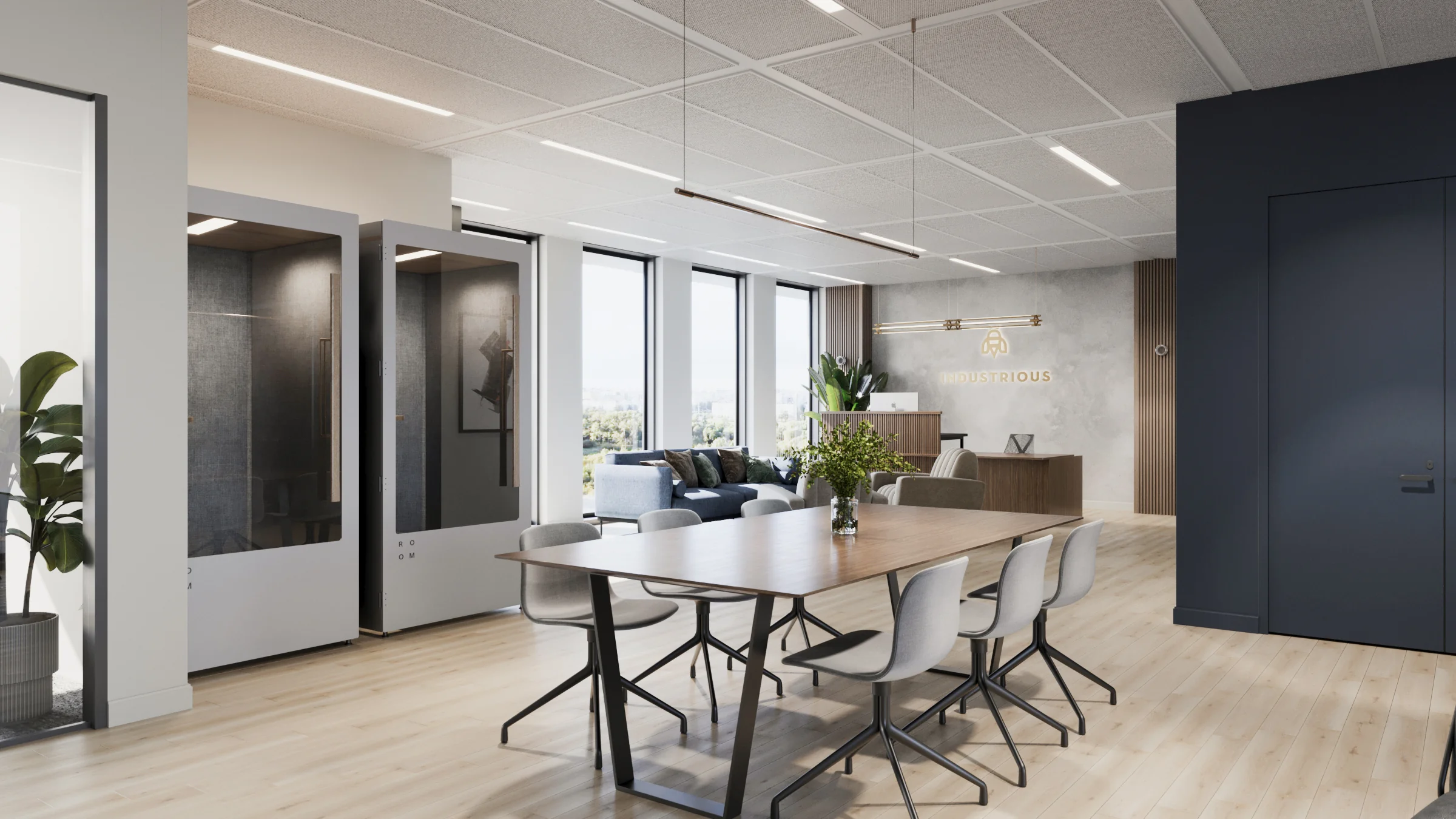 Moderne kantoorruimte aan het Burgerweeshuispad 301 in Amsterdam met vergadertafel, belcellen en ontvangstruimte van Industrious.