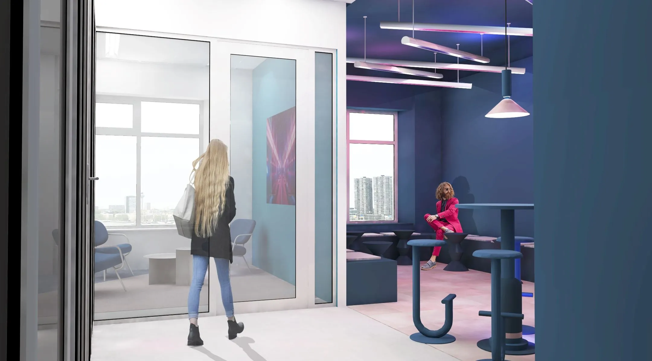 Moderne kantoorruimte aan het Wilhelminaplein 1 in Rotterdam met strak interieur, zithoeken en panoramisch uitzicht.