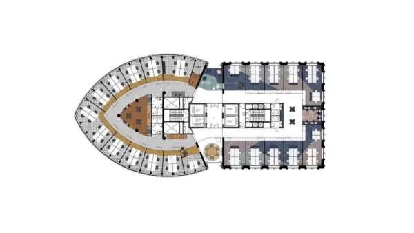 Plattegrond van een moderne kantoorverdieping aan het Wilhelminaplein 1 in Rotterdam met open werkplekken, vergaderruimtes en centrale voorzieningen.