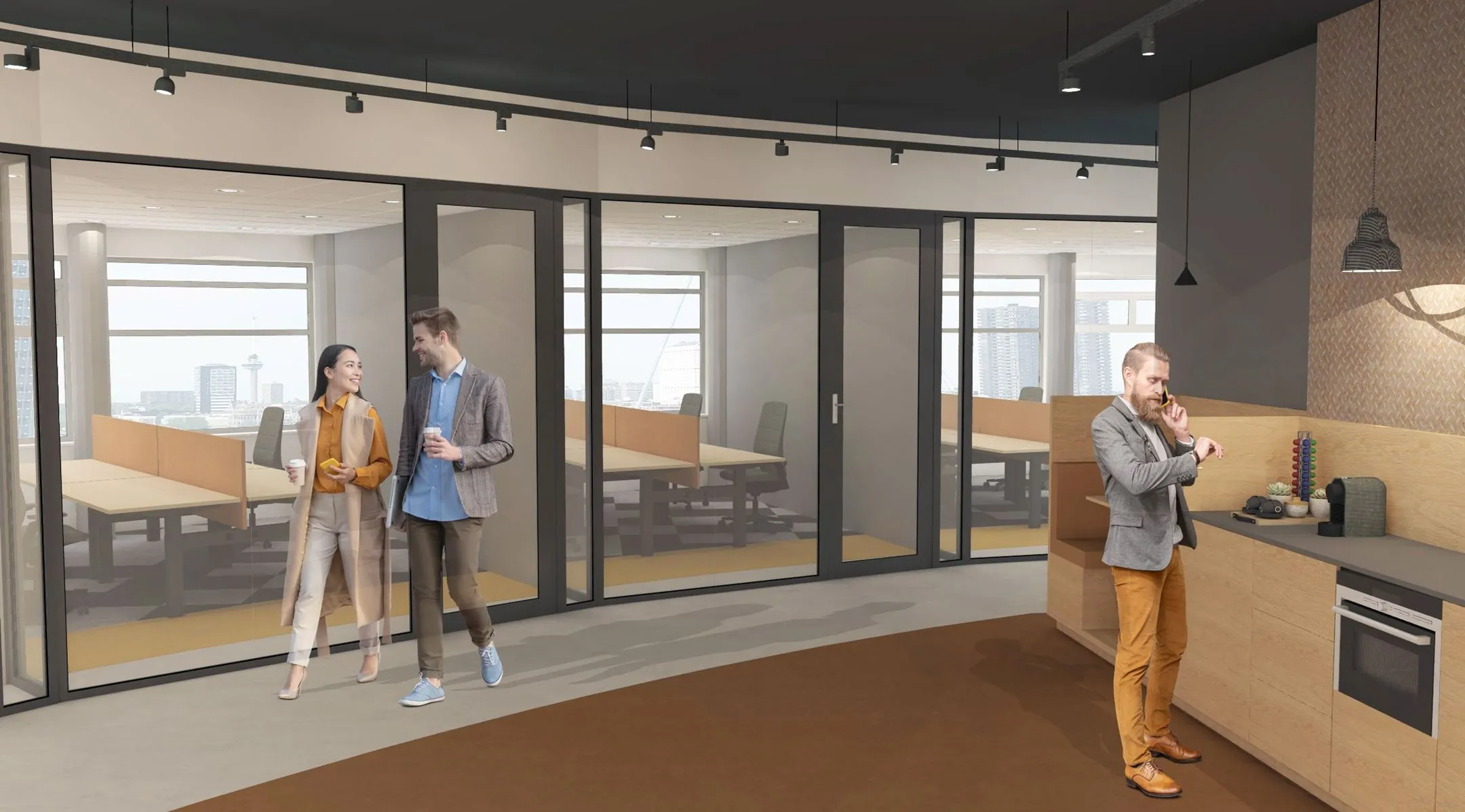 Moderne kantoorruimte op Wilhelminaplein 1 in Rotterdam met glazen vergaderruimtes, een koffiekeuken en collega's in gesprek.