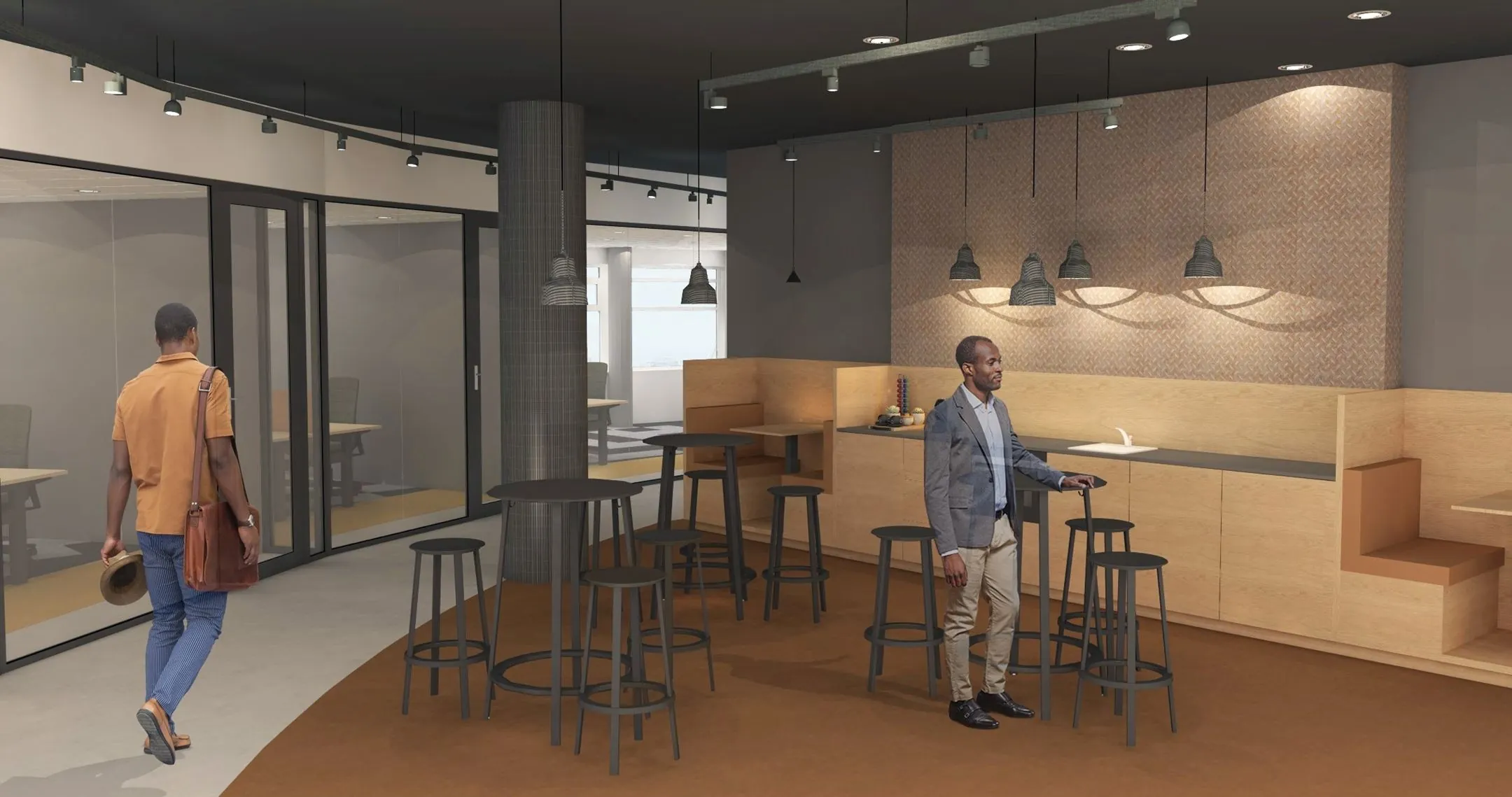 Moderne kantoorruimte met zithoeken, barkrukken en een kitchenette op Wilhelminaplein 1 in Rotterdam.