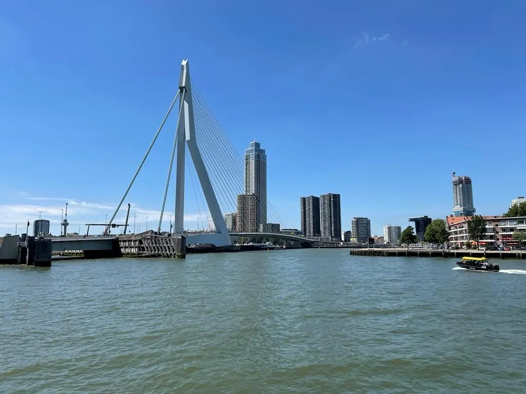 Uitzicht op de Erasmusbrug en skyline van Rotterdam vanaf het water bij Wilhelminaplein.