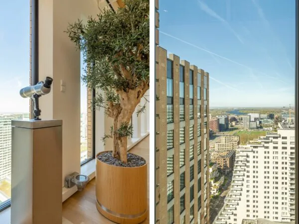 Uitzicht vanuit een kantoorruimte aan het Gustav Mahlerplein in Amsterdam met een verrekijker en een grote plant bij het raam.