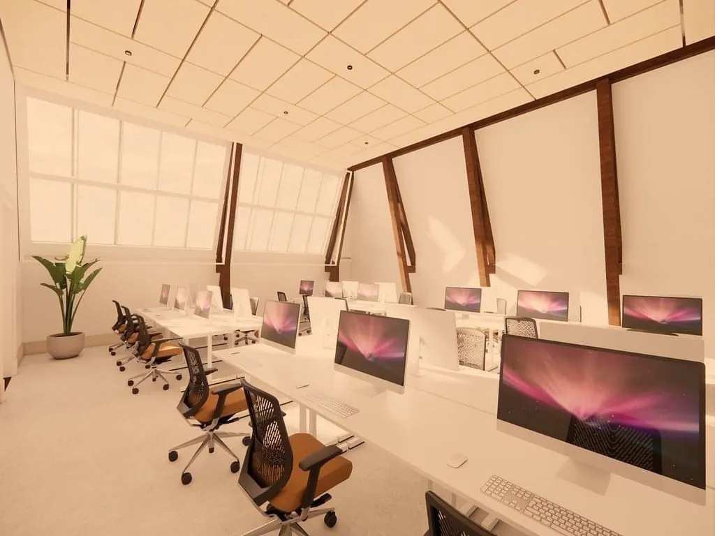 Moderne, lichte kantoorruimte aan de Keizersgracht 264 in Amsterdam met meerdere werkplekken en grote ramen.