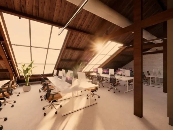 Moderne kantoorruimte met schuine houten plafonds, grote ramen en meerdere werkplekken aan de Keizersgracht 264 in Amsterdam.
