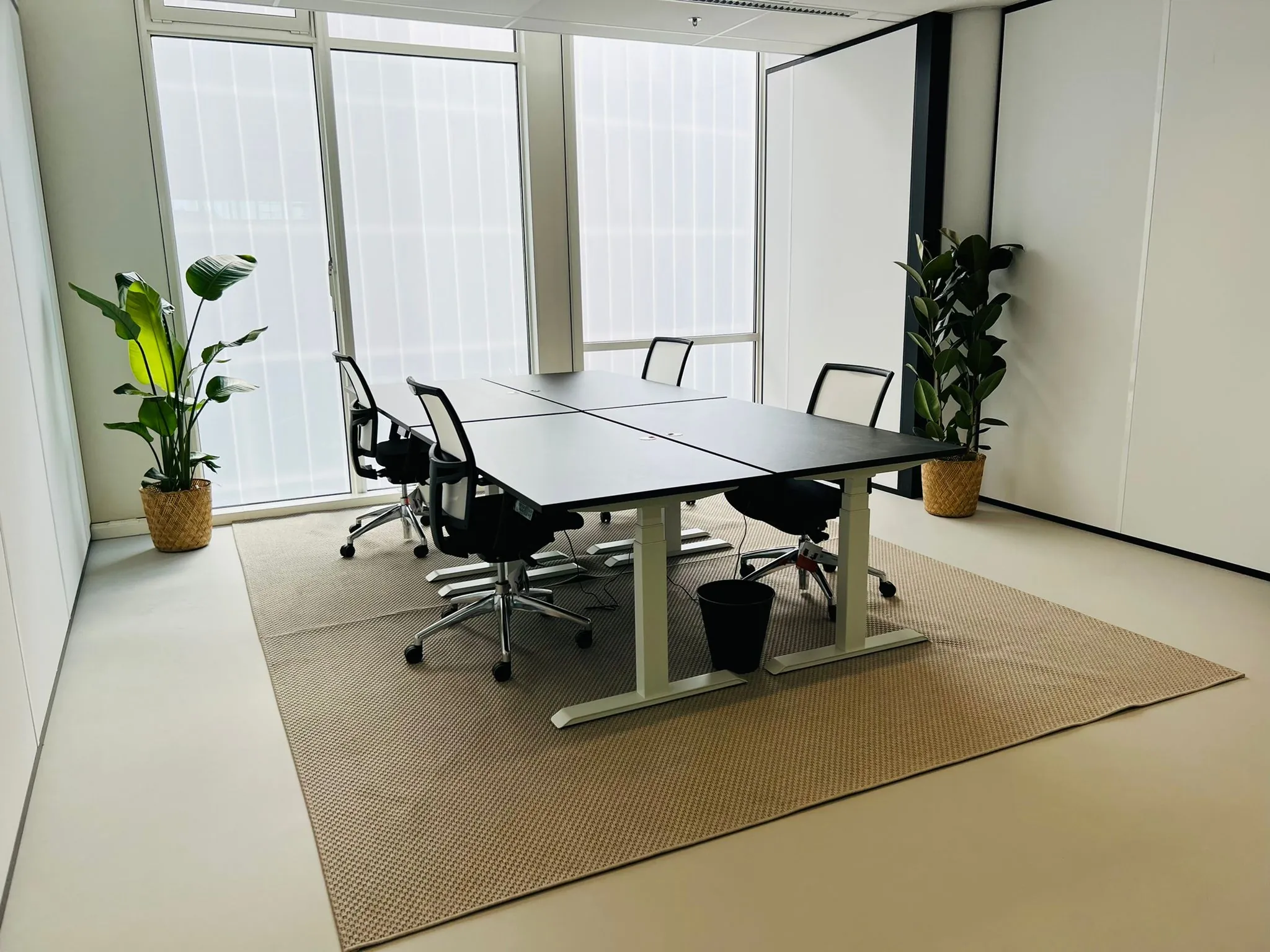 Moderne kantoorruimte aan het Kruisplein 480 in Rotterdam met vier bureaustoelen, grote ramen en groene planten.