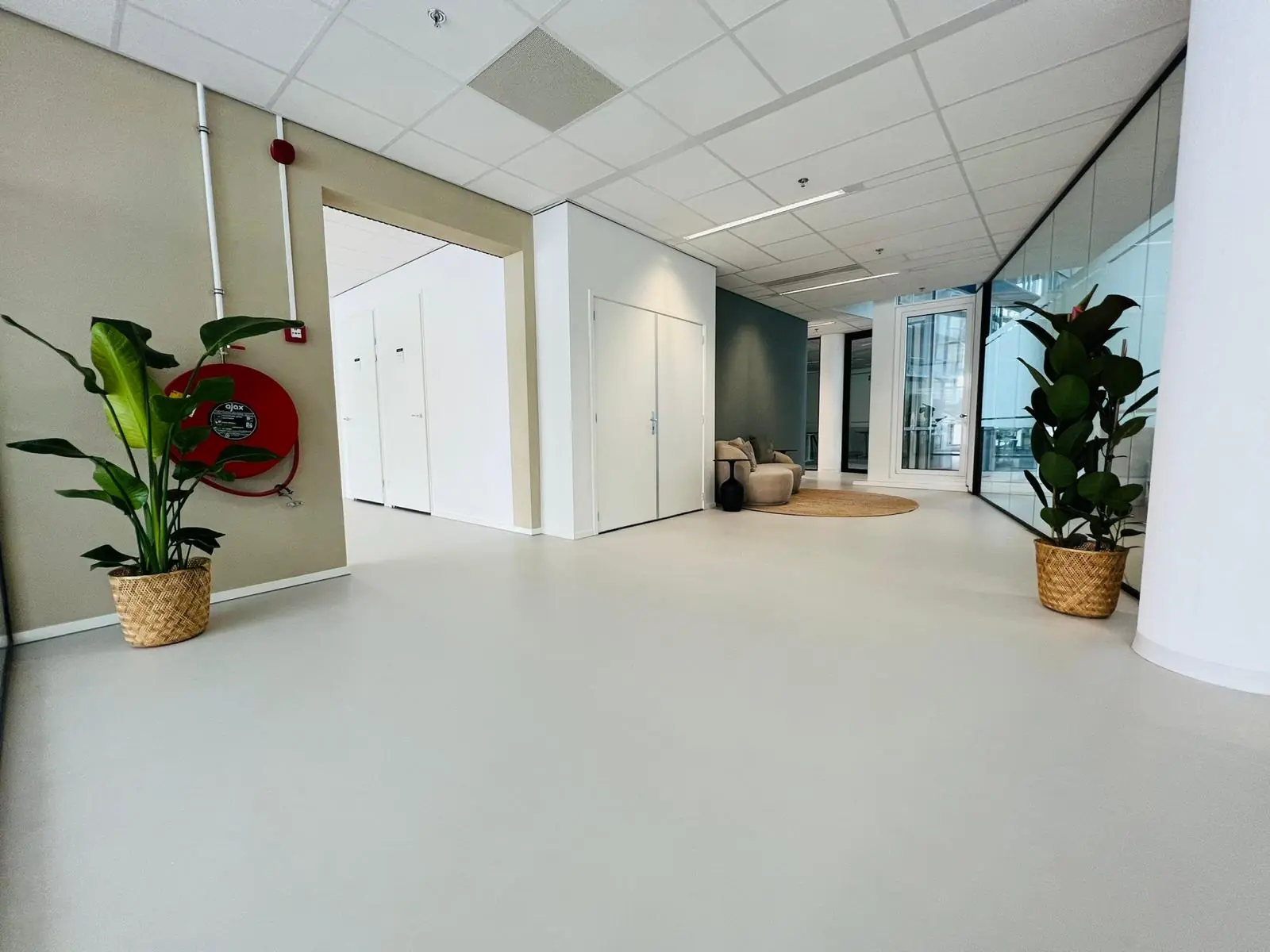 Moderne, lichte kantoorruimte aan het Kruisplein 480 in Rotterdam met glazen wanden, zitgedeelte en decoratieve planten.